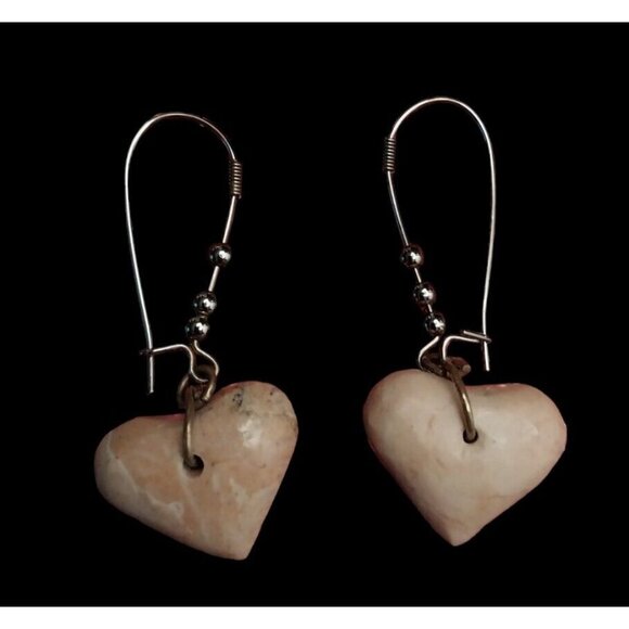 Vintage Silver Yellow Brown Jasper Heart Shaped Dangle Drop Earrings - Picture 2 of 2